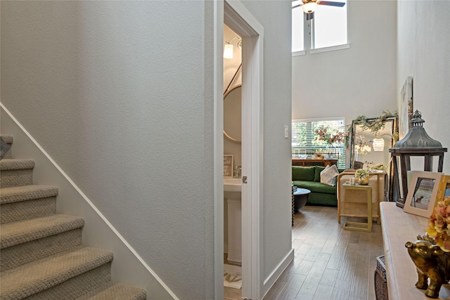 stairs featuring hardwood / wood-style flooring and a towering ceiling