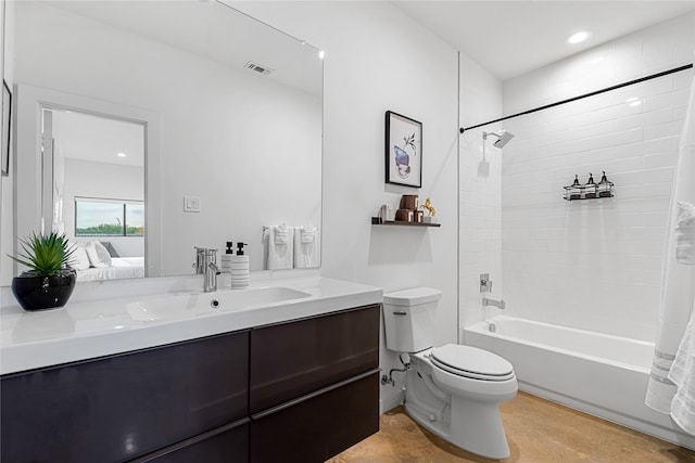 full bathroom with vanity,  shower combination, and toilet