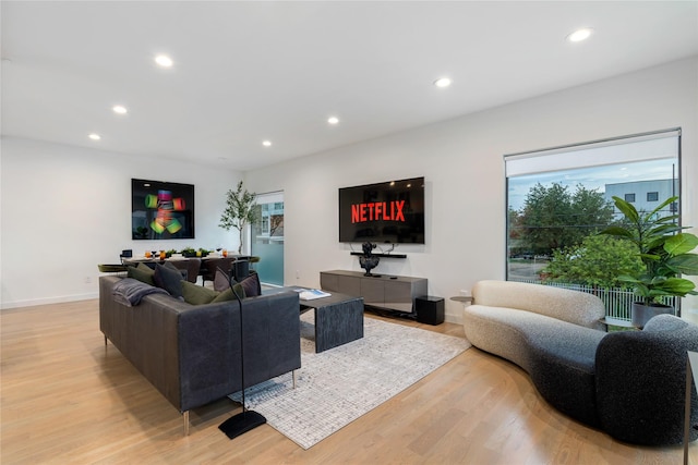 living room with a wealth of natural light and light hardwood / wood-style floors