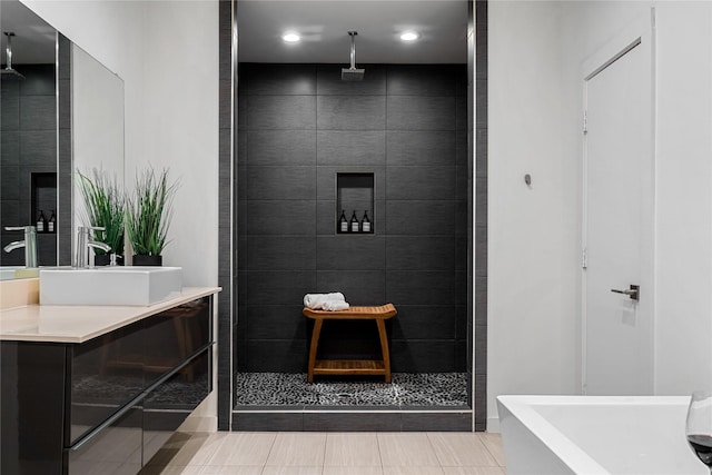 bathroom featuring tile patterned flooring and plus walk in shower