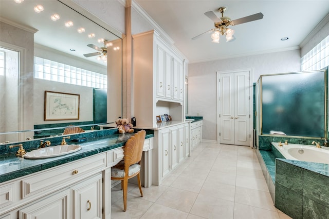 bathroom featuring tile patterned floors, tiled bath, crown molding, and ceiling fan