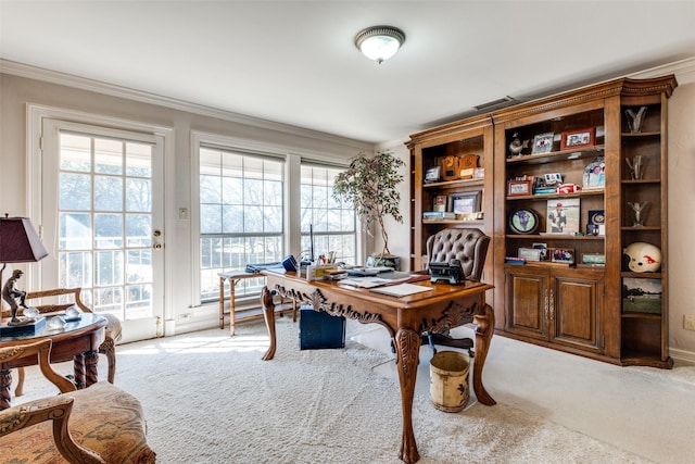 carpeted office with plenty of natural light and ornamental molding