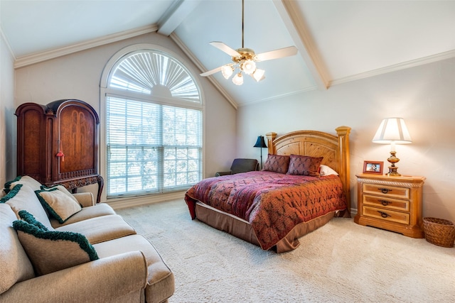 carpeted bedroom featuring vaulted ceiling with beams, ceiling fan, and crown molding