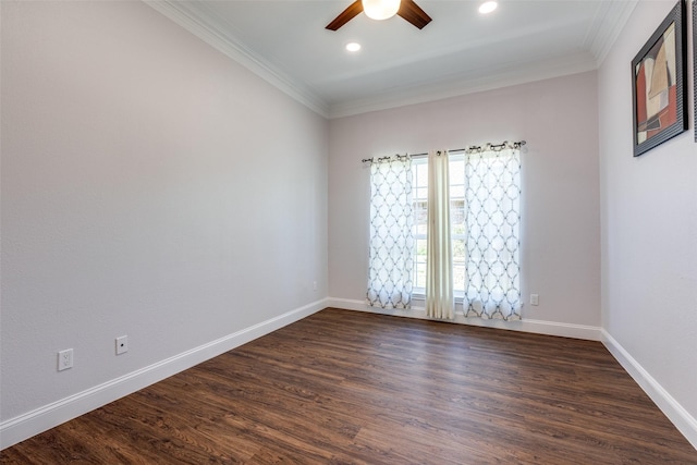 spare room featuring ceiling fan, dark hardwood / wood-style flooring, and ornamental molding