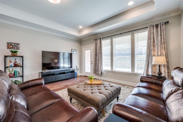 living room with crown molding, a raised ceiling, and light wood-type flooring