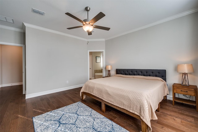 bedroom featuring dark hardwood / wood-style flooring, ornamental molding, and ceiling fan