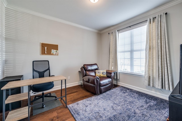 office area featuring ornamental molding and dark hardwood / wood-style flooring