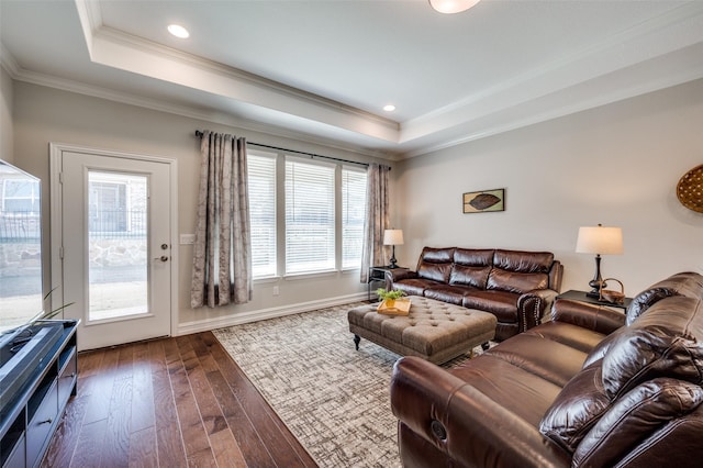 living room featuring a raised ceiling, ornamental molding, and dark wood-type flooring