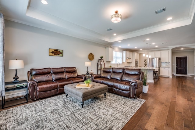 living room with crown molding, sink, dark hardwood / wood-style flooring, and a tray ceiling