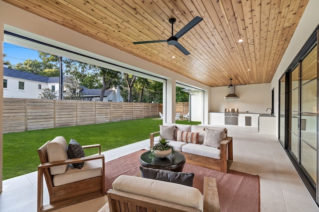 sunroom / solarium with ceiling fan, plenty of natural light, and wood ceiling