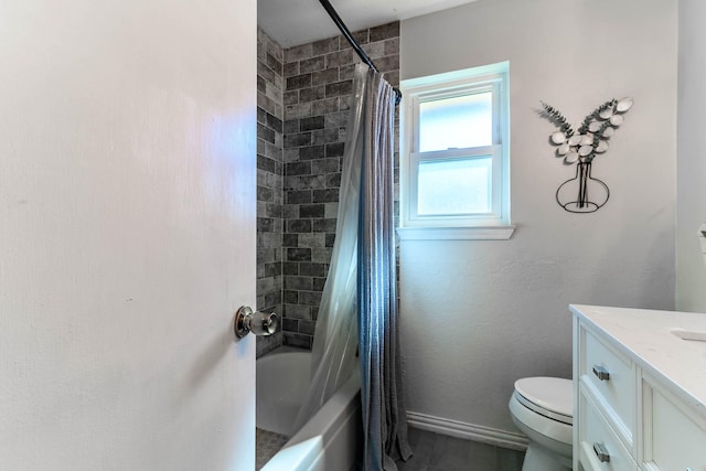 full bathroom with vanity, toilet, and shower / bath combo with shower curtain