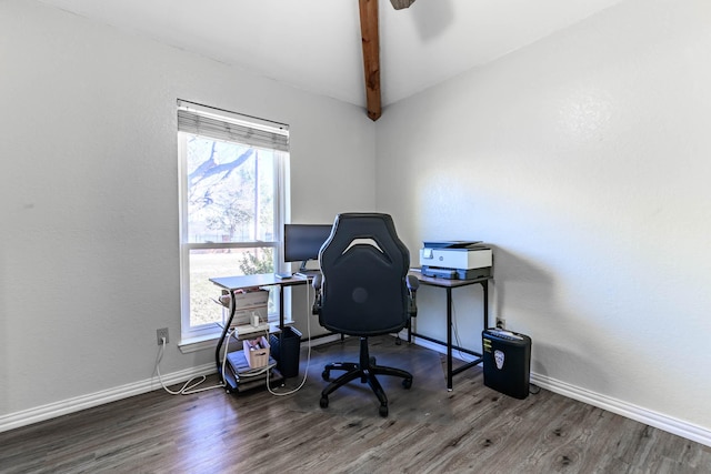 office featuring dark wood-type flooring, a wealth of natural light, and beam ceiling