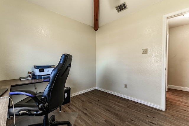 office space featuring beamed ceiling and dark hardwood / wood-style floors