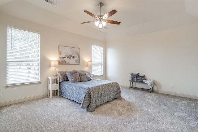 carpeted bedroom with ceiling fan