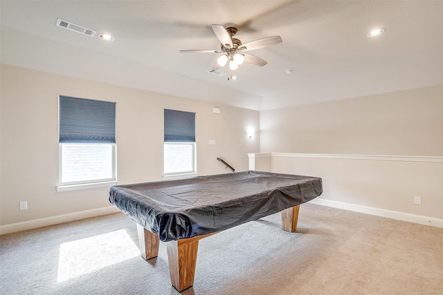 playroom with light carpet, billiards, and ceiling fan