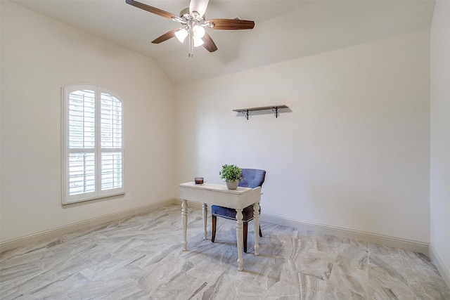 office featuring lofted ceiling and ceiling fan