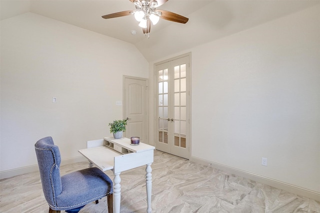 office area featuring french doors, ceiling fan, and lofted ceiling