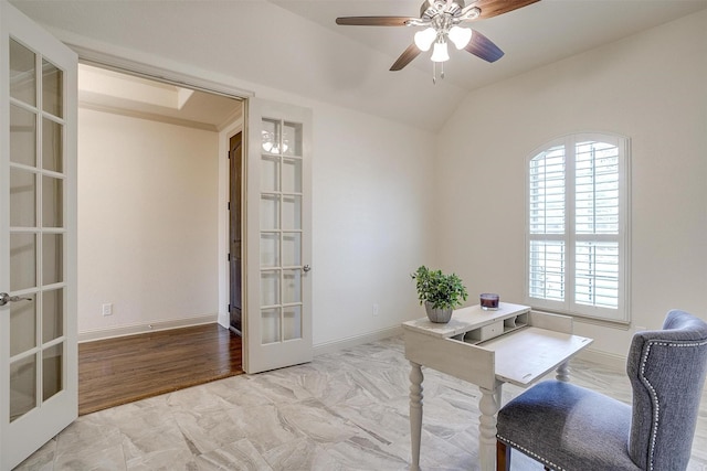 office with lofted ceiling, french doors, and ceiling fan