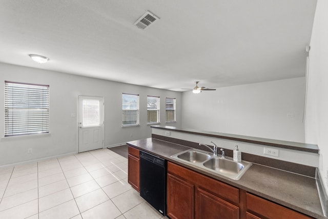 kitchen featuring ceiling fan, light tile patterned flooring, sink, and black dishwasher