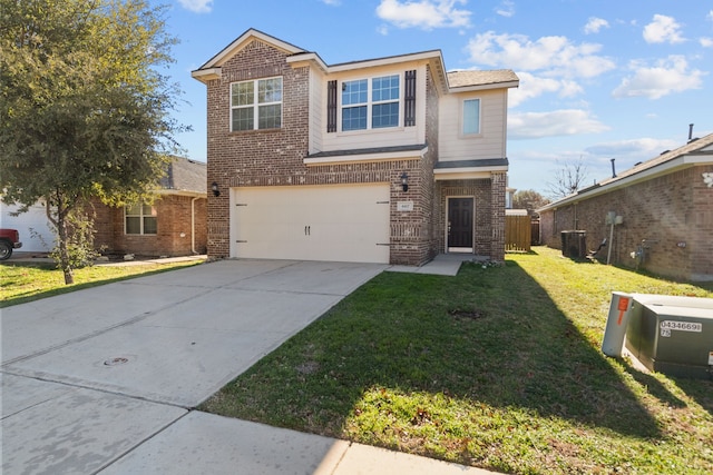 front facade with a garage, central AC, and a front yard