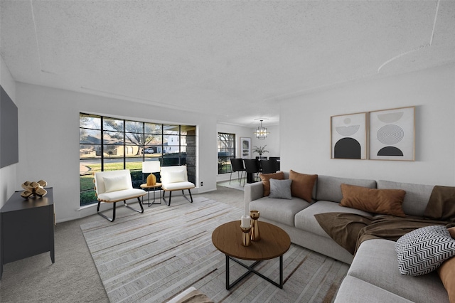 carpeted living room featuring a notable chandelier and a textured ceiling