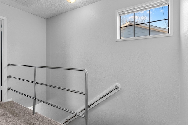 stairway featuring carpet and a textured ceiling