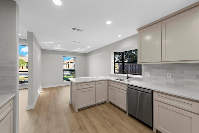 kitchen featuring kitchen peninsula, tasteful backsplash, stainless steel dishwasher, sink, and light hardwood / wood-style flooring