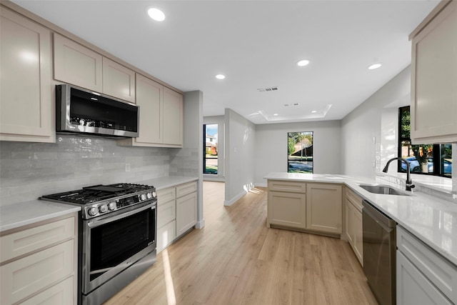 kitchen featuring kitchen peninsula, appliances with stainless steel finishes, light wood-type flooring, backsplash, and sink