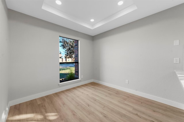 empty room with light wood-type flooring and a tray ceiling