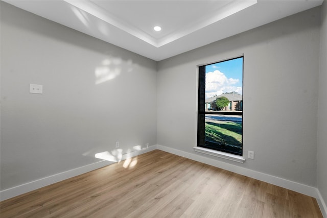 empty room with a tray ceiling and light hardwood / wood-style flooring