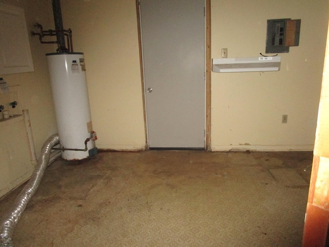 basement featuring electric panel and gas water heater