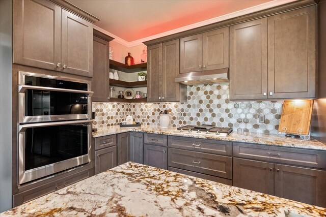 kitchen featuring appliances with stainless steel finishes, open shelves, under cabinet range hood, and tasteful backsplash