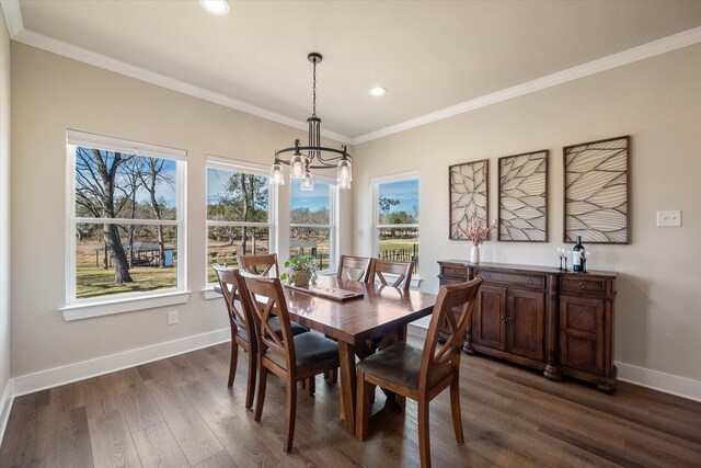 dining room with ornamental molding, a notable chandelier, dark wood finished floors, and baseboards