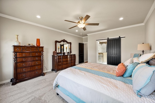 bedroom featuring ornamental molding, a barn door, carpet, and recessed lighting