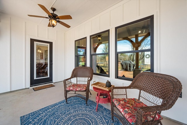 view of patio featuring ceiling fan