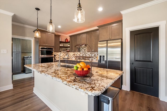 kitchen with crown molding, open shelves, tasteful backsplash, appliances with stainless steel finishes, and a sink