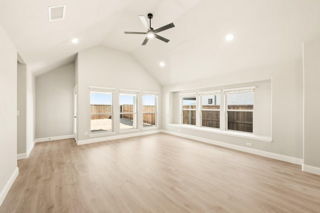 unfurnished living room featuring recessed lighting, a ceiling fan, baseboards, visible vents, and light wood-style floors