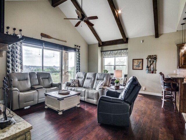 living room featuring beam ceiling, ceiling fan, high vaulted ceiling, and dark hardwood / wood-style flooring