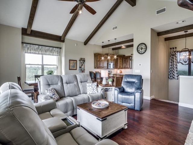 living room with dark wood-type flooring, beam ceiling, ceiling fan with notable chandelier, and high vaulted ceiling