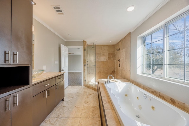 bathroom with crown molding, vanity, and plus walk in shower