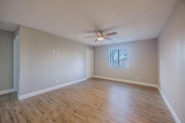 empty room featuring ceiling fan and light hardwood / wood-style flooring