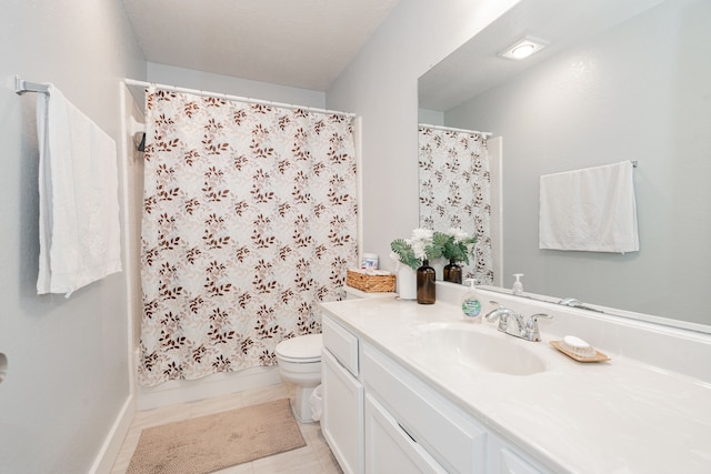 full bathroom featuring tile patterned flooring, vanity, toilet, and shower / bathtub combination with curtain