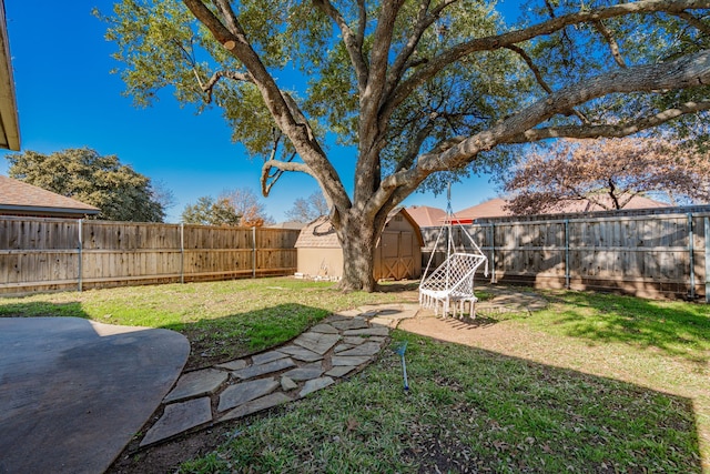 view of yard featuring a patio area and a storage shed