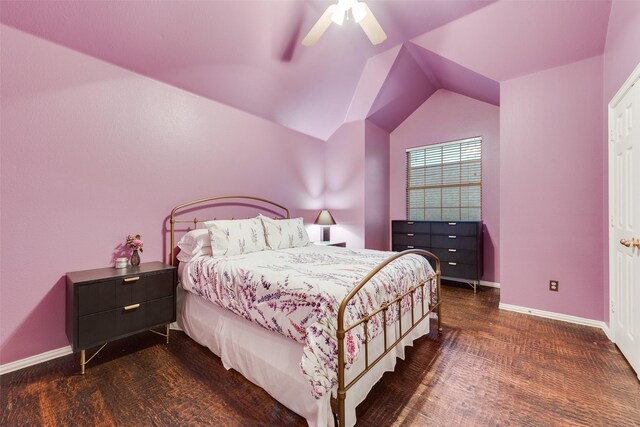 bedroom featuring ceiling fan and lofted ceiling