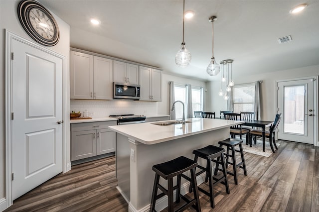 kitchen with pendant lighting, appliances with stainless steel finishes, sink, gray cabinets, and a center island with sink