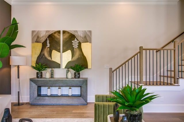 interior space featuring crown molding and hardwood / wood-style floors