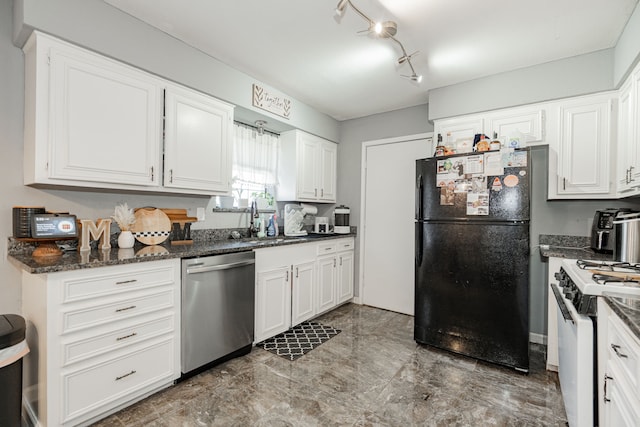 kitchen with black refrigerator, stainless steel dishwasher, gas range gas stove, dark stone countertops, and white cabinets