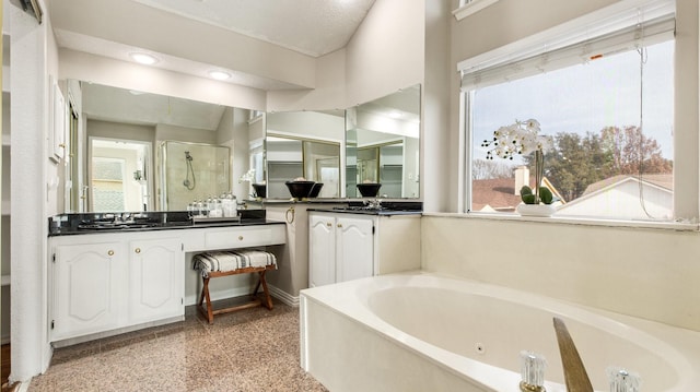 bathroom featuring vanity and plus walk in shower