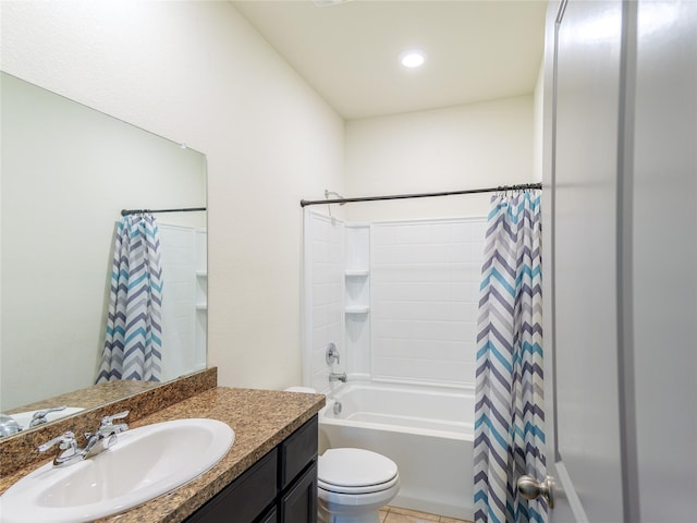 full bathroom with shower / bath combination with curtain, vanity, toilet, and tile patterned floors