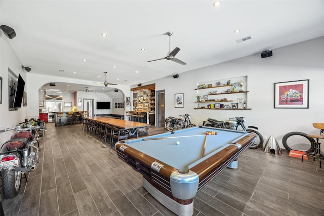 rec room with billiards and ceiling fan